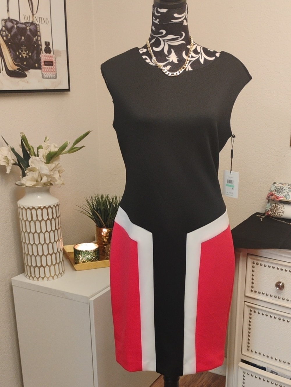 Calvin Klein Black, White & Pink Color-Block  Dress